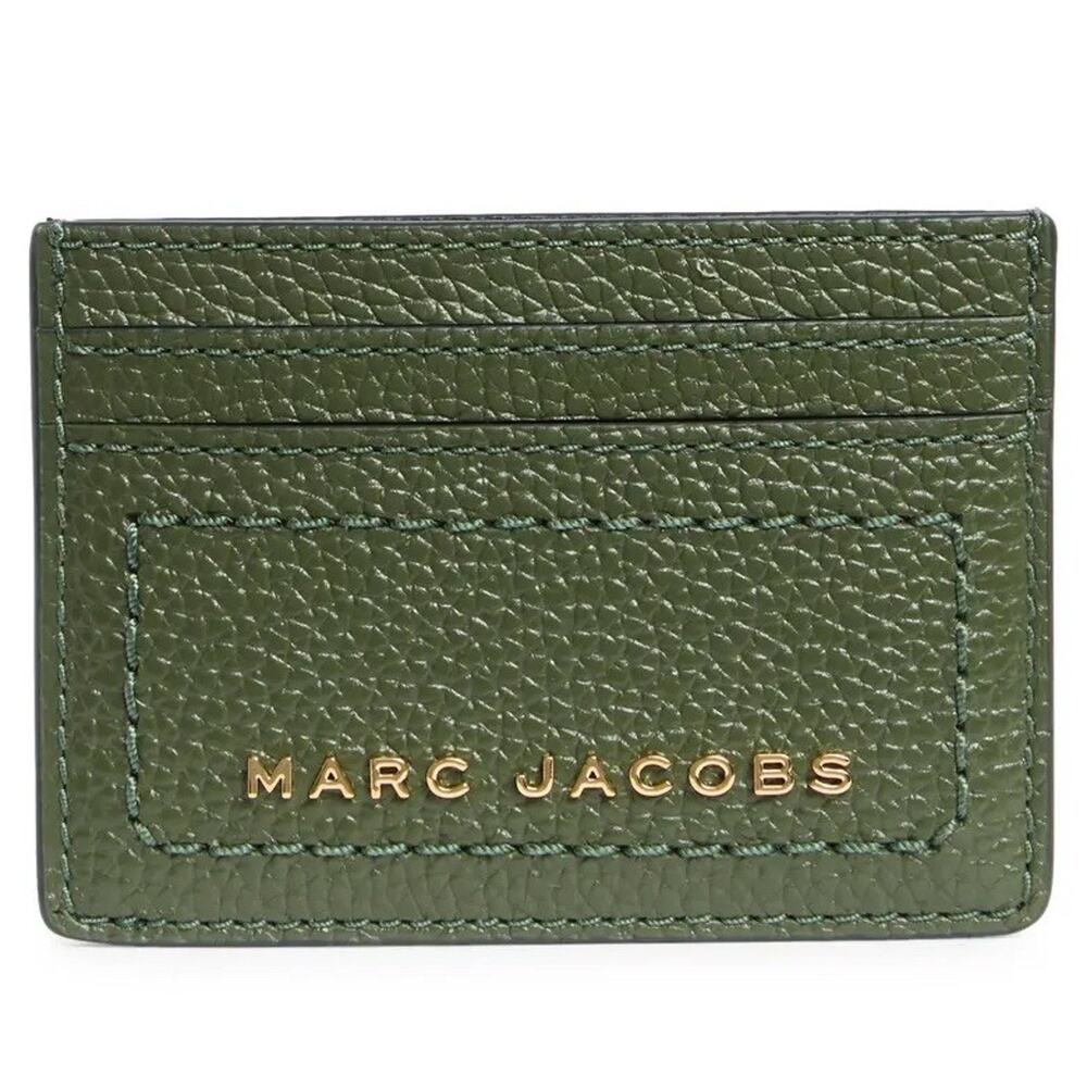 Marc Jacobs Pebbled Leather Card Holder Slim Wallet Olive Green Gold Logo NWT